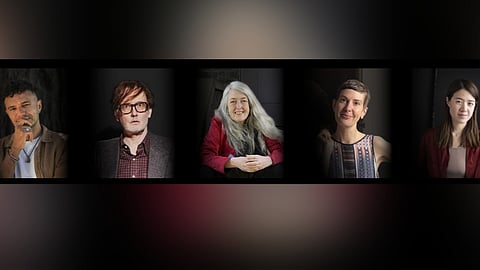 (L-R) Raymond Antrobus,
Jarvis Cocker,
Mary Beard,
Patricia Lockwood,
Rebecca Liu
