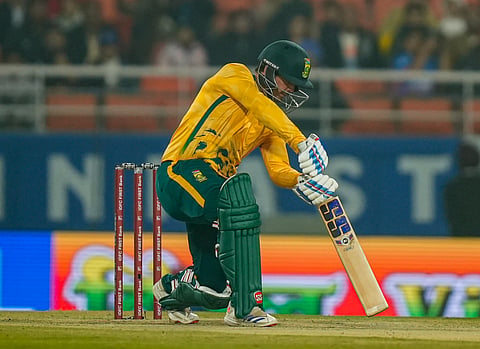 South Africas Quinton de Kock plays a shot during the second T20 International cricket match of a series between India and South Africa on Dec. 11, 2025.