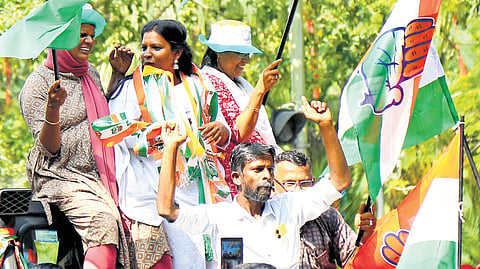 UDF candidate Kavitha Harikumar celebrating victory with party workers in front of Maharaja’s College on Saturday.