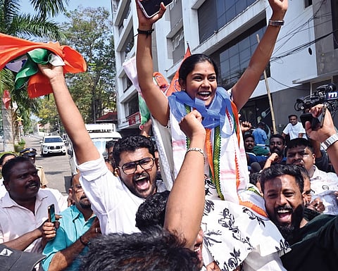 Vyshna Suresh, the UDF candidate from Muttada ward, celebrating after her victory.