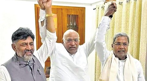 DCM DK Shivakumar, AICC chief Mallikarjun Kharge and CM Siddaramaiah