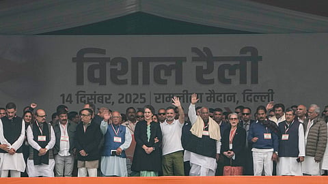 Congress President Mallikarjun Kharge with party leaders Rahul Gandhi, Sonia Gandhi, Priyanka Gandhi Vadra, Abhishek Manu Sanghvi, Tariq Anwar, Ajay Maken, Devender Yadav and others during the partys Vote Chor, Gaddi Chhod rally at Ramlila Ground, in New Delhi, Sunday, Dec. 14, 2025.