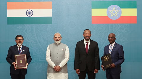 Prime Minister Narendra Modi with his Ethiopian counterpart Abiy Ahmed Ali during exchange of MoUs, in Addis Ababa, Ethiopia.