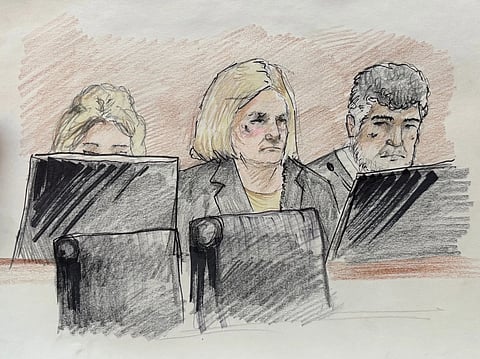 This courtroom sketch depicts Milwaukee County Circuit Judge Hannah Dugan in court on Monday, Dec. 15, 2025 in Milwaukee, Wis.