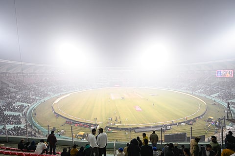 A view of Ekana Cricket Stadium in Lucknow, shrouded in dense fog Wednesday, Dec. 17, 2025.