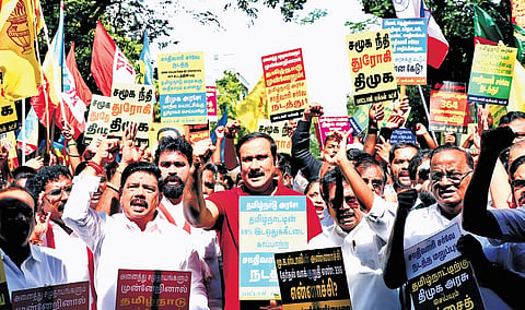 PMK leader Anbumani Ramadoss leading the stir against the state’s failure to conduct a caste-based survey at Egmore in Chennai on Wednesday