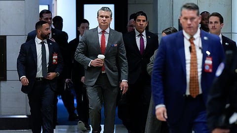 Defense Secretary Pete Hegseth arrives to brief members of Congress on military strikes near Venezuela, Tuesday, Dec. 16, 2025, at the Capitol in Washington.