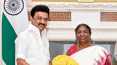 President Droupadi Murmu with Tamil Nadu Chief Minister MK Stalin during a meeting at Rashtrapati Bhavan in New Delhi.