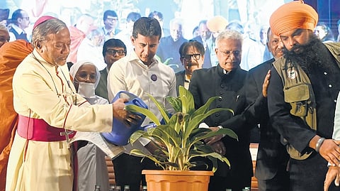 MLA Rizwaz Arshad and Karnataka Lokayukta Justice B S Patil with religious leaders observe Minority Rights Day on Thursday