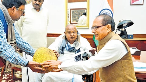 JD(S) supremo HD Devegowda meets Union Minister for Agriculture Shivraj Singh Chouhan in Delhi on Friday. Union Minister for Heavy Industries HD Kumaraswamy was present.