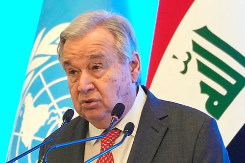 United National Secretary-General Antonio Guterres speaks during an event to mark the end of the U.N. political mission, in Baghdad, Iraq, Saturday, Dec. 13, 2025.