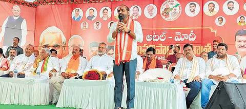 Health Minister Satya Kumar addressing a meeting on the occasion of the unveiling of the statue of former PM Vajpayee in Kakinada on Sunday.