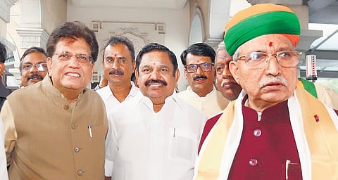Union ministers Piyush Goyal and Arjun Ram Meghwal with AIADMK general secretary Edappadi K Palaniswami in Chennai