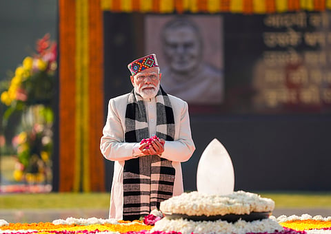 Prime Minister Narendra Modi pays tribute to former prime minister Atal Bihari Vajpayee on his 101st birth anniversary, at 'Sadaiv Atal'.