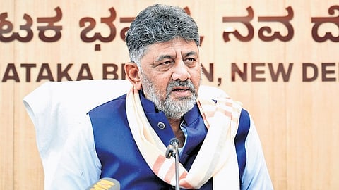 Deputy CM DK Shivakumar addresses the media in New Delhi on Wednesday .