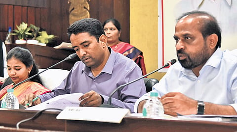 NTR district in-charge Minister Y Satya Kumar Yadav speaking during the District Review Committee meeting on Friday.