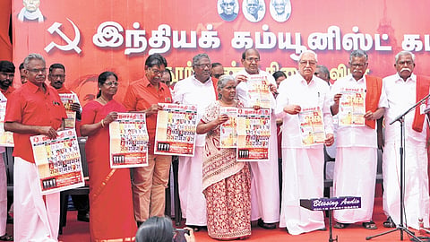 CPI functionaries during the centenary celebration of veteran communist leader
R Nallakannu and the formation of the party in Chennai on Friday