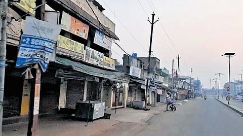 A market wears a deserted look during the bandh in Padampur on Friday