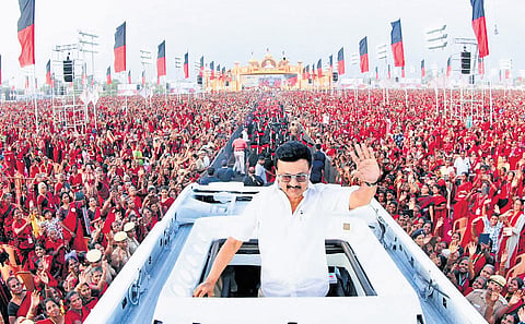 CM M K Stalin during the DMK women’s wing west zone conference presided over by party deputy secretary Kanimozhi Karunanidhi in Tiruppur on Monday