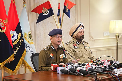 Punjab DGP Gaurav Yadav addressing a press conference on Wednesday. (Photo | Express)