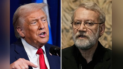This combo shows President Donald Trump at Mar-a-Lago, Monday, Dec. 29, 2025, in Palm Beach, Fla. and Iranian Secretary of Supreme National Security Council Ali Larijani in Beirut, Lebanon, Wednesday, Aug. 13, 2025.