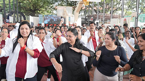 Health Minister Veena George dancing alongside the zumba team during ‘Arogyam Anandam - Vibe 4 Wellness’.