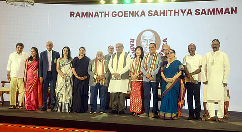 Vice President CP Radhakrishnan with the winners of the 2025 RNGSS awards at the third Ramnath Goenka Sahithya Samman in Chennai.