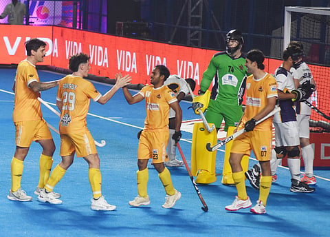 Tamil Nadu Dragons players celebrate on Saturday