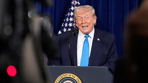 US President Donald Trump speaks at his Mar-a-Lago club on Saturday after the US military operations in Venezuela, Jan. 3, 2026, in Palm Beach, Fla.