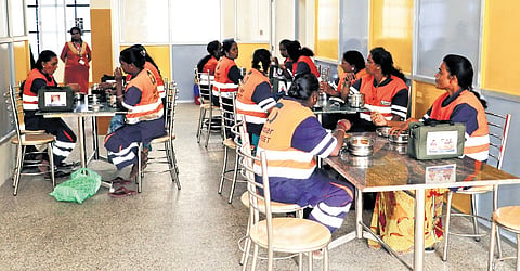 Conservancy workers having meals in the facility set up in Teynamet zone