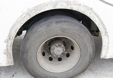 A wornout tyre of an SETC bus at the Panjappur integrated bus terminus