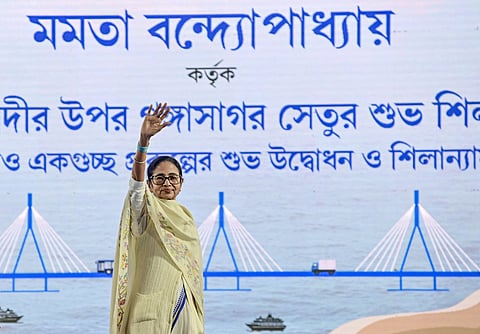 West Bengal Chief Minister Mamata Banerjee during laying of the foundation stone for the 'Gangasagar Setu' at Sagar Island in South 24 Parganas district.