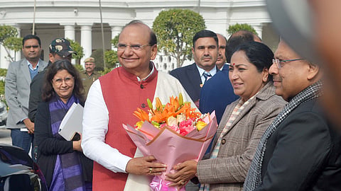 The Lieutenant Governor of Delhi Vinai Kumar Saxena, Chief Minister Rekha Gupta and Speaker Vijender Gupta during 1st Day of the Winter session of the Delhi Legislative Assembly on Monday,