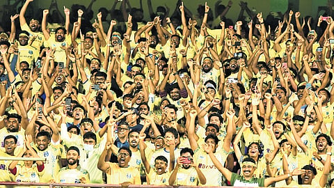 Fans celebrating Kerala Blasters victory against Jamshedpur FC during the ISL football match at JLN Stadium.
