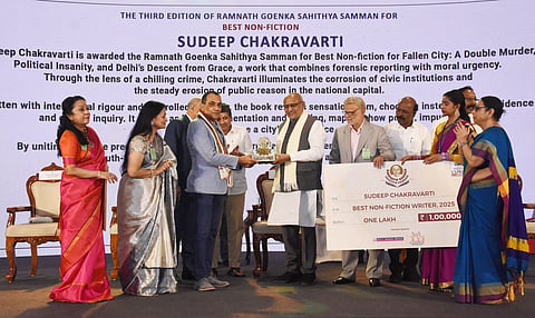 C P Radhakrishnan, Vice President of India, presented Ramnath Goenka Sahithya Samman to Sudeep Chakravarti