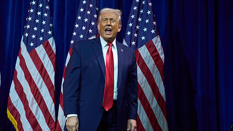 President Donald Trump walks off stage after speaking to House Republican lawmakers during their annual policy retreat, Tuesday, Jan. 6, 2026, in Washington.