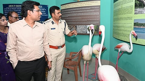 Tirupati District Collector addressing the media in Sullurupeta along with SP L Subbarayudu and MLA Vijayasri, on flamingo bird festival, on Wednesday.