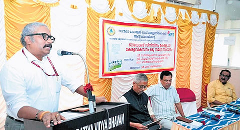B Ashok delivering a speech during a programme organised by Bharatiya Vidya Bhavan Journalism College