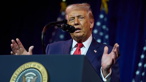 US President Donald Trump speaks to House Republican lawmakers during their annual policy retreat on Tuesday, Jan. 6, 2026, in Washington.