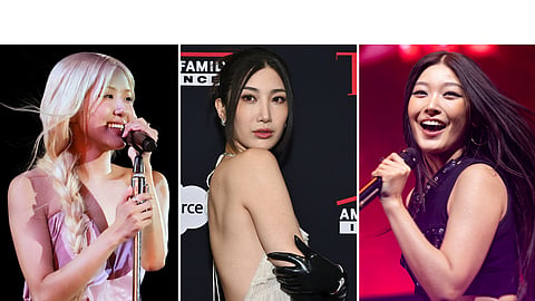 This combination of photos show Rosé performing at the Global Citizen Festival in New York on Sept. 27, 2025, left, Ejae, from "KPop Demon Hunters," at the A Year in TIME honors gala in New York on Dec. 10, 2025, center, and Yoonchae, of KATSEYE, performing in Inglewood, Calif., on Dec. 12, 2025