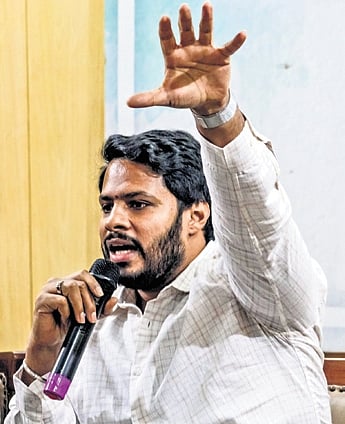 JDS leader Nikhil Kumaraswamy addresses the media at the Press Club of Bengaluru on Friday