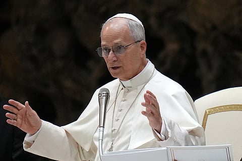 Pope Leo XIV holds his weekly general audience in the Paul VI Hall at the Vatican, Wednesday, Jan. 7, 2026.