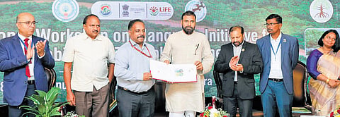 Deputy CM Pawan Kalyan at a national workshop on ‘Mangrove initiative for Shoreline Habitats &Tangible Income’ in Vijayawada on Thursday.