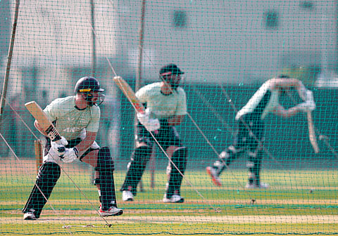 Glenn Phillips (L) and others during a practice session ahead of the first ODI match between India and New Zealand in Vadodara, Gujarat on Friday.
