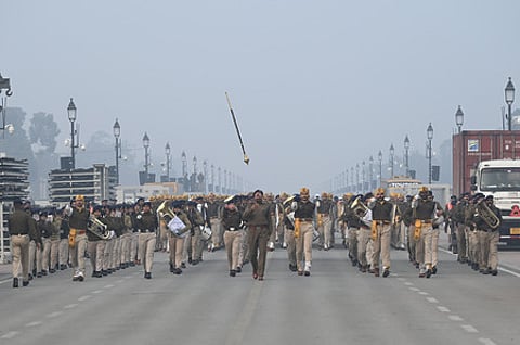 Central Industrial Security Force (CISF) band members participate in a rehearsal ahead of the Republic Day parade, on a cold winter morning in New Delhi (Image used for representational purposes)