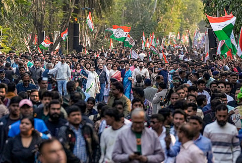 West Bengal Chief Minister and Trinamool Congress (TMC) chief Mamata Banerjee leads a protest march accompanied by party leaders and others against the Enforcement Directorate's searches linked to political consultancy firm I-PAC, in Kolkata, Friday, Jan. 9, 2026.