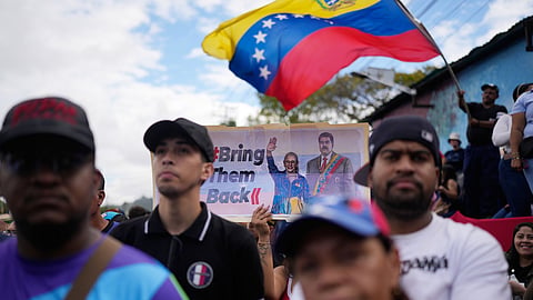 Supporters of former Venezuelan President Nicolas Maduro rally in Caracas, Venezuela, Saturday, Jan. 10, 2026, calling for the release of Maduro and his wife, Cilia Flores, a week after US forces captured them.
