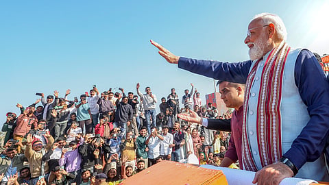 Prime Minister Narendra Modi during the Shaurya Yatra procession as part of Somnath Swabhiman Parv, in Somnath, Gujarat.