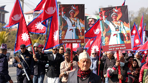 Supporters of Nepal's former royal family participate in a rally demanding the restoration of the monarchy as they mark the birth anniversary of the 18th century king Prithivi Narayan Shah, founder of the Shah dynasty, in Katmandu, Nepal, Sunday, Jan. 11, 2026.