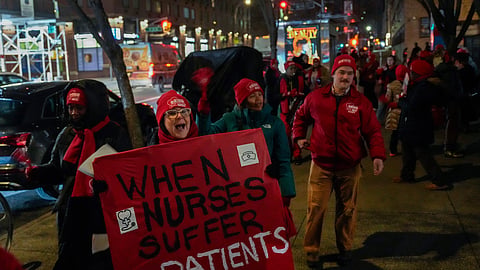 Nurses strike outside Mount Sinai West Hospital, Monday, Jan. 12, 2026, in New York.